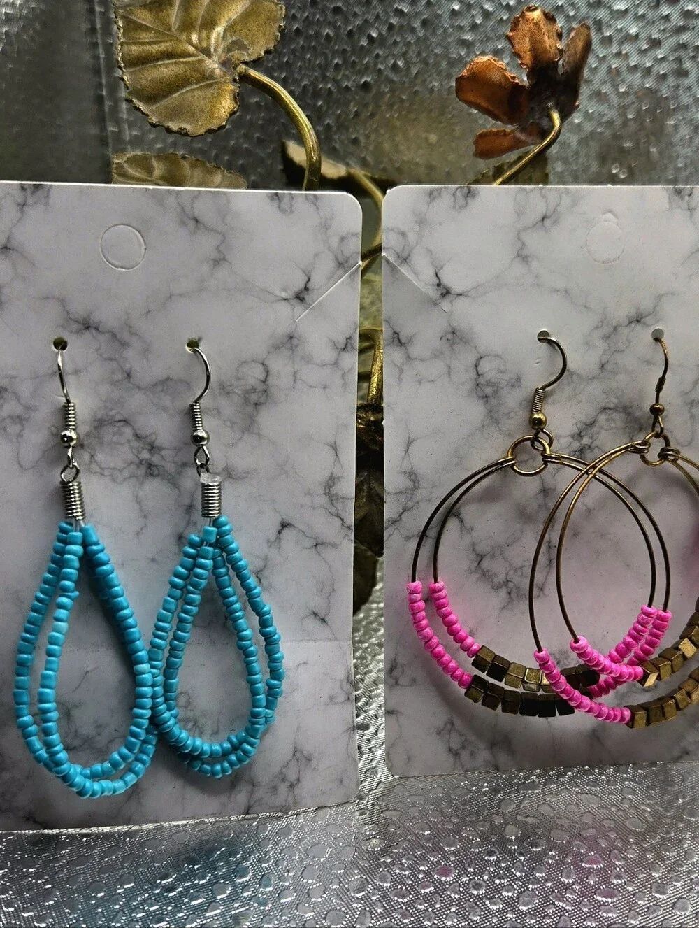 "5/$40" 2 Pairs Dangle Bright Colored French Wire Earrings, Turquoise/Pink